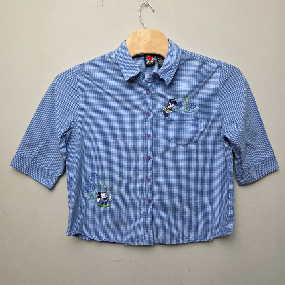 Mickey Mouse Unlimited Shirt Womens XL Blue Gingham Embroidered Vintage 90s
